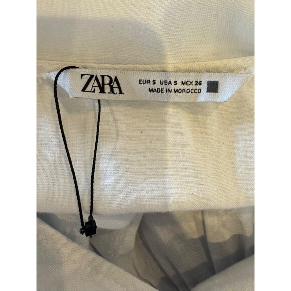 Zara Dress Women Small White Linen Blend Short Puff Sleeve Babydoll Preppy - Picture 8 of 11